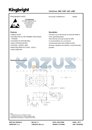 AA3528VGC/A datasheet - 3.5x2.8 mm SMD CHIP LED LAMP