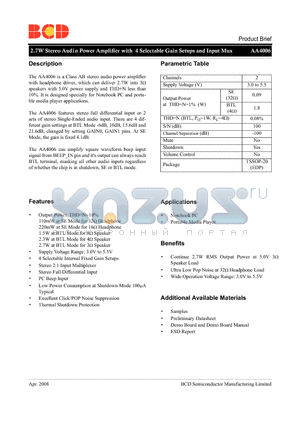 AA4006G datasheet - 2.7W stereo audio power Amplifier with 4 Selectable Gain Setups and Input Mux