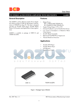 AA4003G-E1 datasheet - 2W STEREO AUDIO POWER AMPLIFIER WITH SHUTDOWN