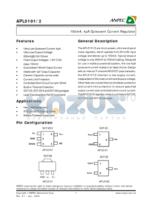 APL5101-12AI datasheet - 150mA, 4uA Quiescent Current Regulator