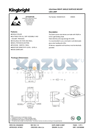 AA4040VGC/A datasheet - 4.0x4.0mm RIGHT ANGLE SURFACE MOUNT LED LAMP