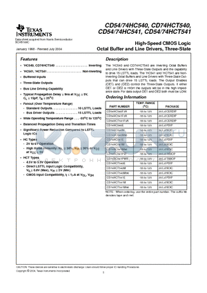 CD74HCT540EE4 datasheet - High-Speed CMOS Logic Octal Buffer and Line Drivers, Three-State