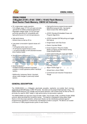 EN29LV400AT-70TC datasheet - 4 Megabit (512K X 8-bit / 256K X 16-bit) Flash Memory Boot Sector Flash Memory, CMOS 3.0 Volt-only