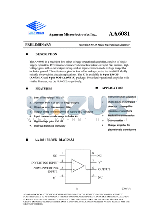 AA6081 datasheet - Precision CMOS Single Operational Amplifier