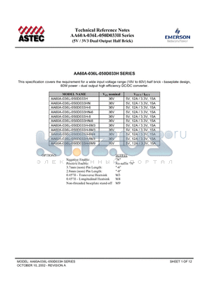 AA60A-036L-050D033HN-8 datasheet - This specification covers the requirement for a wide input voltage range (18V to 60V) half brick - baseplate design,