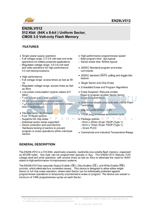 EN29LV512-55JIP datasheet - 512 Kbit (64K x 8-bit ) Uniform Sector, CMOS 3.0 Volt-only Flash Memory