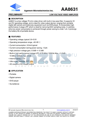 AA8631A datasheet - LOW VOLTAGE VIDEO AMPLIFIER