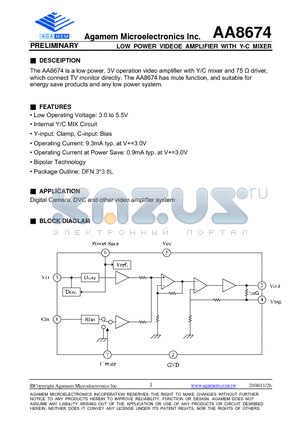 AA8674 datasheet - LOW POWER VIDEOE AMPLIFIER WITH Y-C MIXER