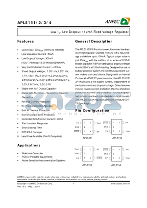 APL5151 datasheet - Low IQ, Low Dropout 150mA Fixed Voltage Regulator