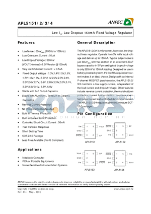 APL5151-15B datasheet - Low IQ, Low Dropout 150mA Fixed Voltage Regulator