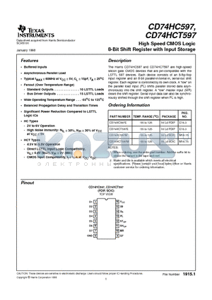 CD74HCT597E datasheet - High Speed CMOS Logic 8-Bit Shift Register with Input Storage