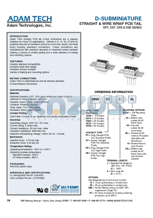 DA15PE2 datasheet - D-SUBMINIATURE STRAIGHT & WIRE WRAP PCB TAIL