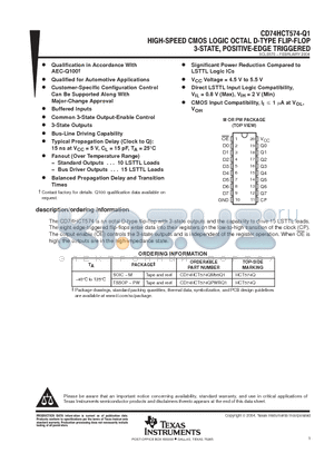 CD74HCT574QPWRQ1 datasheet - HIGH-SPEED COMS LOGIC OCTAL D-TYPE FLIP-FLOP 3-STATE, POSITIVE-EDGE RIGGERED