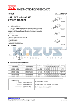15N06G-TN3-R datasheet - 15A, 60V N-CHANNEL POWER MOSFET
