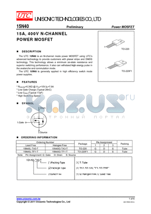 15N40L-TA3-T datasheet - 15A, 400V N-CHANNEL POWER MOSFET