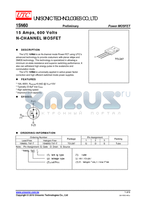 15N60 datasheet - 15 Amps, 600 Volts N-CHANNEL MOSFET