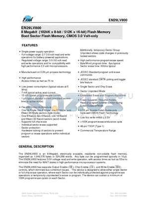 EN29LV800 datasheet - 8 Megabit (1024K x 8-bit / 512K x 16-bit) Flash Memory Boot Sector Flash Memory, CMOS 3.0 Volt-only