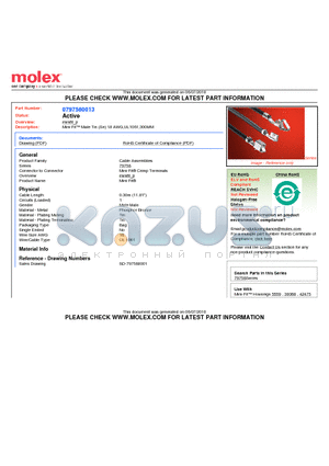 797580013 datasheet - Mini-Fit Male Tin (Sn) 18 AWG,UL1061,300MM