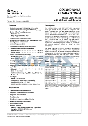 CD74HCT7046A datasheet - Phase-Locked Loop with VCO and Lock Detector
