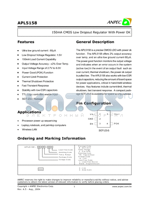 APL5158-12BC-TR datasheet - 150mA CMOS Low Dropout Regulator With Power OK