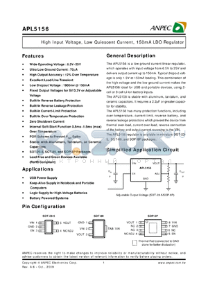 APL5156 datasheet - High Input Voltage, Low Quiescent Current, 150mA LDO Regulator
