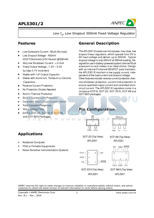APL5301 datasheet - Low IQ, Low Dropout 300mA Fixed Voltage Regulator