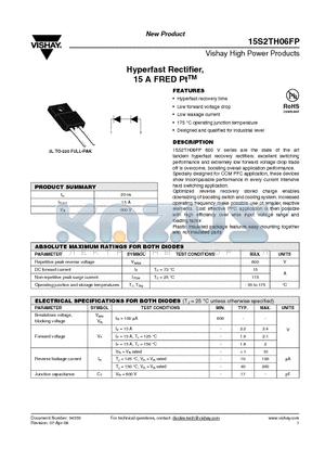 15S2TH06FP datasheet - Hyperfast Rectifier, 15 A FRED PtTM