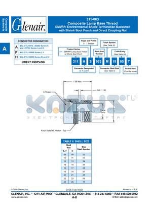 311AS063XMT18 datasheet - Composite Lamp Base Thread EMI/RFI Environmental Shield Termination Backshell