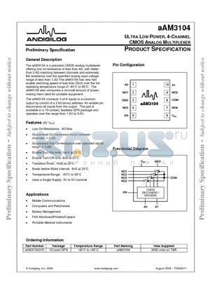 AAM3104 datasheet - ULTRA LOW POWER, 4-CHANNEL CMOS ANALOG MULTIPLEXER