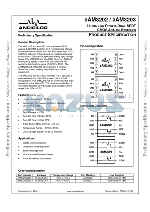 AAM3202 datasheet - ULTRA LOW POWER, DUAL-SPDT CMOS ANALOG SWITCHES