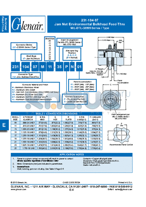 231-104-07AL17-35SB-01 datasheet - Jam Nut Environmental Bulkhead Feed-Thru