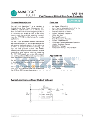 AAT1110 datasheet - Fast Transient 800mA Step-Down Converter