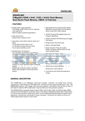 EN29SL800T-90BCP datasheet - 8 Megabit (1024K x 8-bit / 512K x 16-bit) Flash Memory Boot Sector Flash Memory, CMOS 1.8 Volt-only