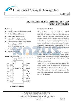 AAT1118 datasheet - ADJUSTABLE TRIPLE-CHANNEL TFT LCD DC-DC CONVERTER