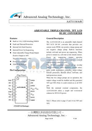 AAT1118A datasheet - ADJUSTABLE TRIPLE-CHANNEL TFT LCD DC-DC CONVERTER