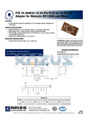 16-304633-18-P datasheet - 20-Pin PLCC-to-16-Pin DIP Adapter for Motorola MC12009 and Others