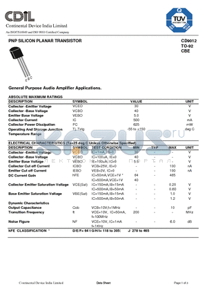 CD9012H datasheet - PNP SILICON PLANAR TRANSISTOR