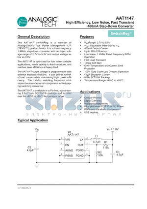 AAT1147 datasheet - High Efficiency, Low Noise, Fast Transient 400mA Step-Down Converter