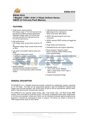 EN39LV010-70SI datasheet - 1 Megabit (128K x 8-bit ) 4 Kbyte Uniform Sector, CMOS 3.0 Volt-only Flash Memory