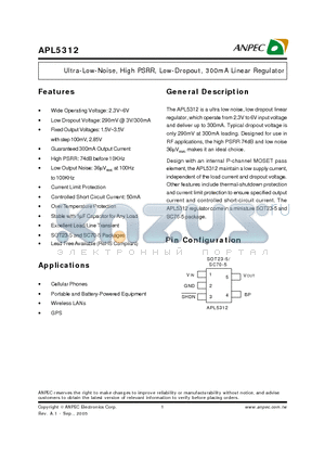 APL5312-18S5I-TR datasheet - Ultra-Low-Noise, High PSRR, Low-Dropout, 300mA Linear Regulator
