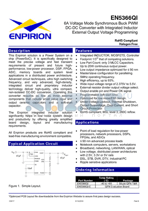 EN5366QI datasheet - 6A Voltage Mode Synchronous Buck PWM DC-DC Converter with Integrated Inductor External Output Voltage Programming