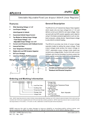 APL5315 datasheet - Selectable Adjustable/Fixed Low dropout 300mA Linear Regulator