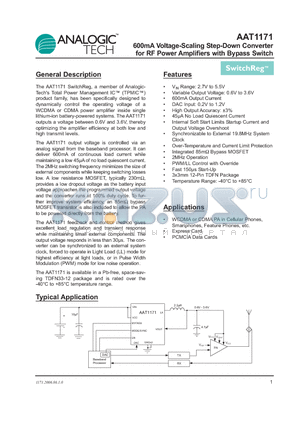 AAT1171IWP-1-T1 datasheet - 600mA Voltage-Scaling Step-Down Converter for RF Power Amplifiers with Bypass Switch