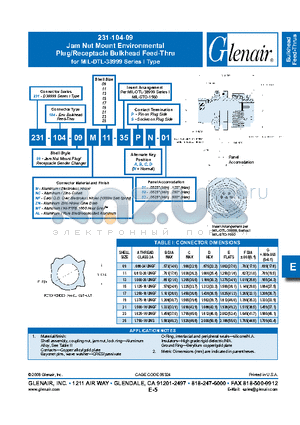 231-104-09MT15-35SA-01 datasheet - Jam Nut Mount Environmental Plug/Receptacle Bulkhead Feed-Thru