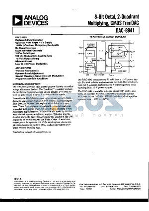 DAC-8841 datasheet - 8-Bit Octal, 2-Quadrant Multiplying, CMOS TrimDAC