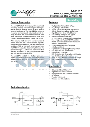 AAT1217ICA-5.0-T1 datasheet - 600mA, 1.2MHz, Micropower Synchronous Step-Up Converter