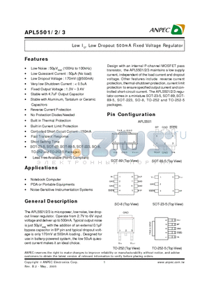 APL5501 datasheet - Low IQ, Low Dropout 500mA Fixed Voltage Regulator
