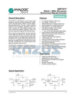 AAT1217 datasheet - 600mA, 1.2MHz, Micropower Synchronous Step-Up Converter