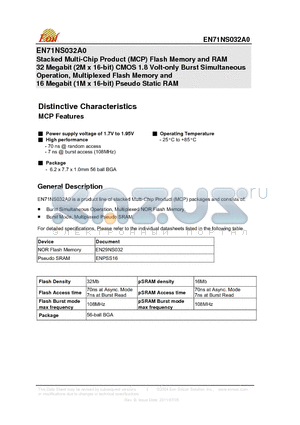 EN71NS032A0-9DCWP datasheet - Stacked Multi-Chip Product (MCP) Flash Memory and RAM 32 Megabit (2M x 16-bit) CMOS 1.8 Volt-only Burst Simultaneous Operation, Multiplexed Flash Memory and 16 Megabit (1M x 16-bit) Pseudo Static RAM