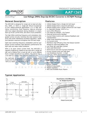 AAT1265 datasheet - Low Voltage 2MHz Step-Up DC/DC Converter in SC70JW Package